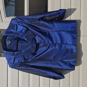 ALEX MARIE Blue Black Shimmery Blazer with Ruffled Collar and Tailored Fit Sz 14
